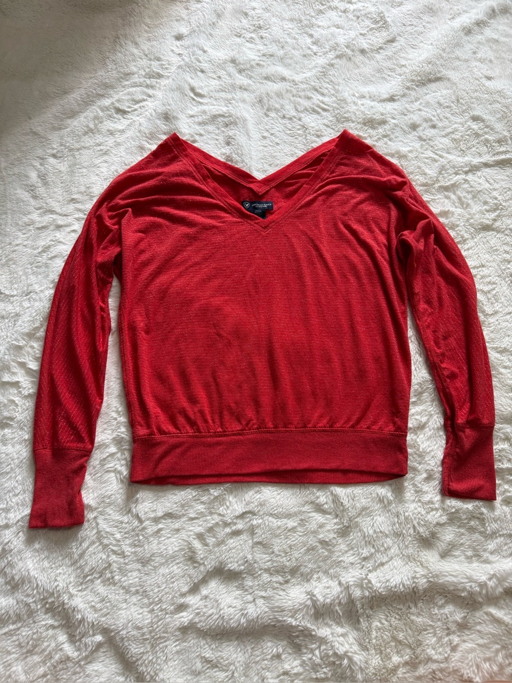 American Eagle Red Lightweight V-Neck Sweater with Sparkly Metallic Stripes